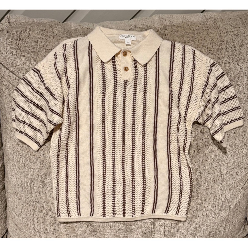 Grayson Mini Toddler Boys 5T‎ Knit Polo Sweater Cream Brown Striped Short Sleeve
